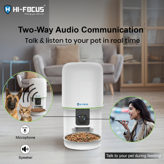 Automatic pet feeder with two-way audio for cats and dogs