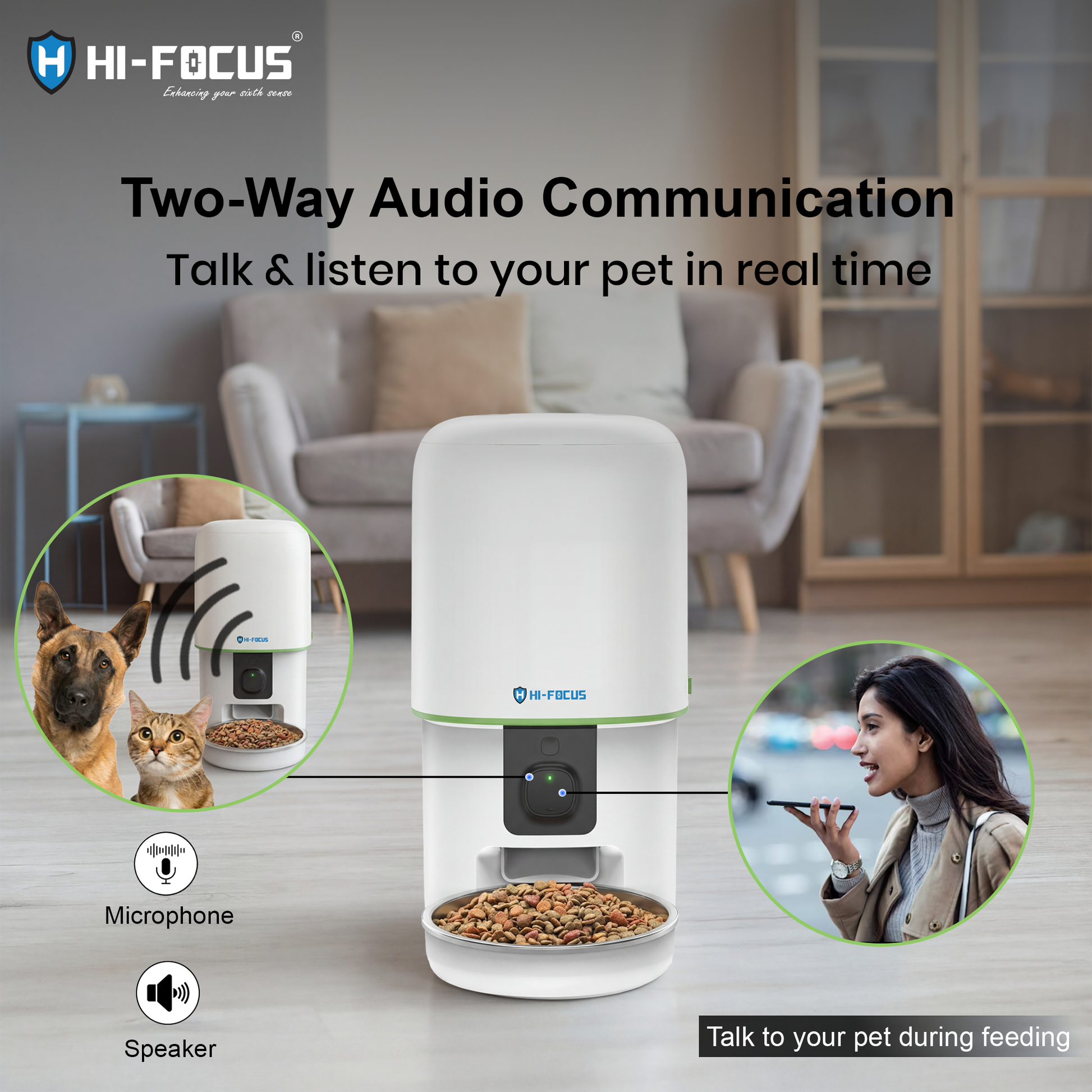 Automatic pet feeder with two-way audio for cats and dogs